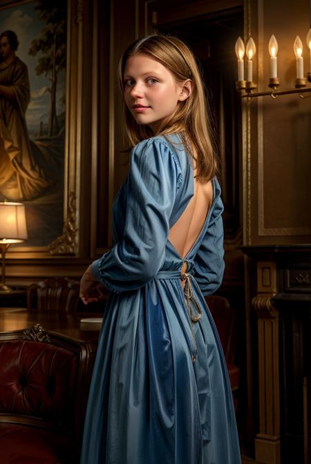 a profesional photo of 1girl mia goth, posing in fancy caffe, smile, delicate body, bluebackless dress, blonde hair, perfect quality, masterpiece, ultradetailed, realistic, photorealistic, intricated details, perfect body proportions, ultraclear, bokeh, realistic lights, slim body, slender body, small breasts, cowboy shot, character focus <lora:Mia_Goth_actress:0.7> <lora:hyperdetailer_v095:0.74>