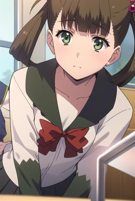 hikarikuroda, <lyco:hikarikuroda-lyco-nochekaiser:1>,
hikari kuroda, bangs, (brown hair:1.5), hair ornament, twintails, (green eyes:1.5), hair bobbles, hair rings,
BREAK school uniform, long sleeves, bow, red bow,
BREAK looking at viewer,
BREAK indoors, classroom,
BREAK <lyco:GoodHands-beta2:1>, (masterpiece:1.2), best quality, high resolution, unity 8k wallpaper, (illustration:0.8), (beautiful detailed eyes:1.6), extremely detailed face, perfect lighting, extremely detailed CG, (perfect hands, perfect anatomy),