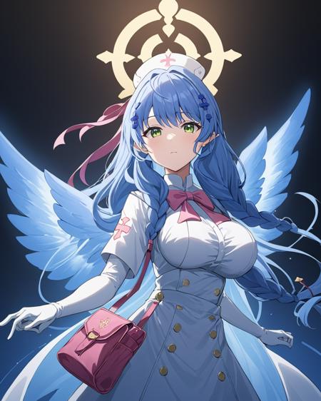 mine \(blue archive\),1girl, solo, breasts, gloves, hat, dress, braid, wings, horns, white gloves, halo, pouch, nurse cap
<lora:Mine_image51_v1-000045:1>,halo,. gorgeous,key visual, vibrant, studio anime,award-winning, professional, highly detailed,high budget, cinemascope