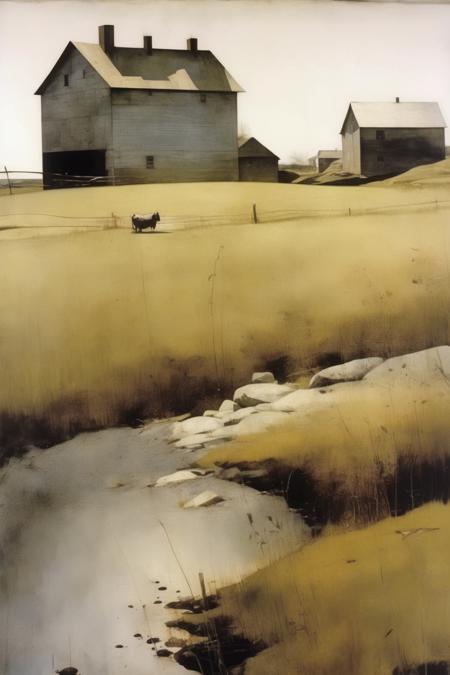 <lora:Andrew Wyeth Style:1>Andrew Wyeth Style - Art by Andrew Wyeth - A serene scene featuring a countryside farm in the morning, with a muted color palette and drybrush techniques to create a sense of tranquility.