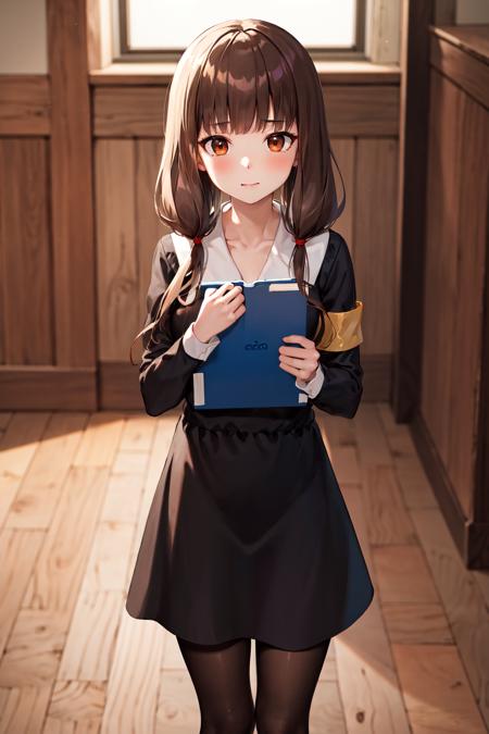 masterpiece, best quality, highres, bbmiko, long hair, low twintails, blunt bangs, collarbone, neck ribbon, red ribbon, black dress, black shirt, long sleeves, black sleeves, armband, black pantyhose, <lora:iino_miko_v1:0.8>, standing, indoors, holding book,