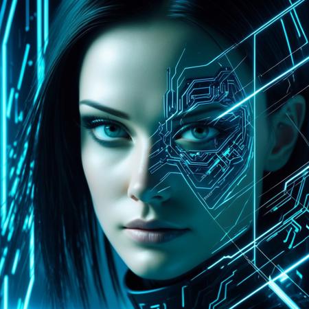 aeon flux with a face of glowing black laser computer circuit lines, tron universe
(Professional photography, tilt-shift lens,  high resolution:0.9)