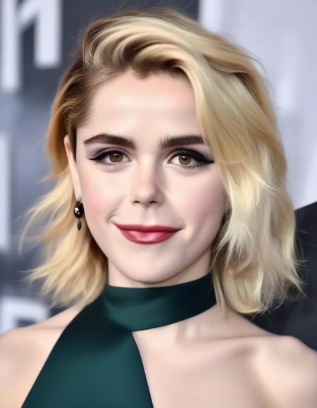 <lora:krnnshpk:1> close up portrait photo of krnnshpk woman, at a Hollywood premiere, wearing a high collar dark green evening gown, bokeh