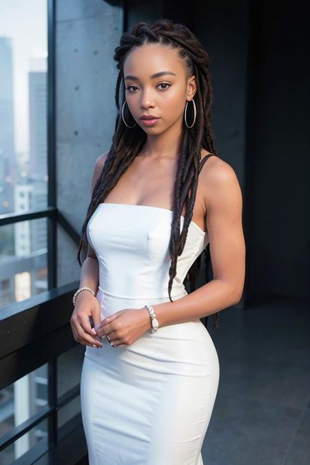 (dreads_hairstyle:1.3),woman posing for a photo, wearing elegant, white dress,
good hand,4k, high-res, masterpiece, best quality, head:1.3,((Hasselblad photography)), finely detailed skin, sharp focus, (cinematic lighting), night, soft lighting, dynamic angle, [:(detailed face:1.2):0.2],(((futuristic city))),      <lora:dreads_hairstyle:0.5>