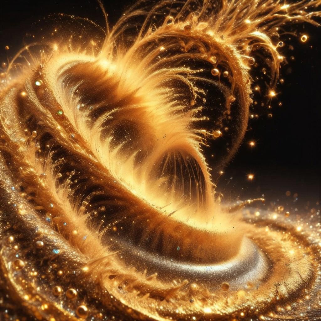 whirlpool of large gold dust waves glitter, whirlpool of gemstones sparkle, black background, sparkles, glitter,