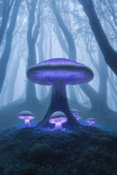 misty enchanted forest, glowing mushrooms scattered on the forest floor, ancient trees with twisting branches, soft blue and purple lighting, gentle fog rays through trees, fantasy magical vibe, high detail forest floor