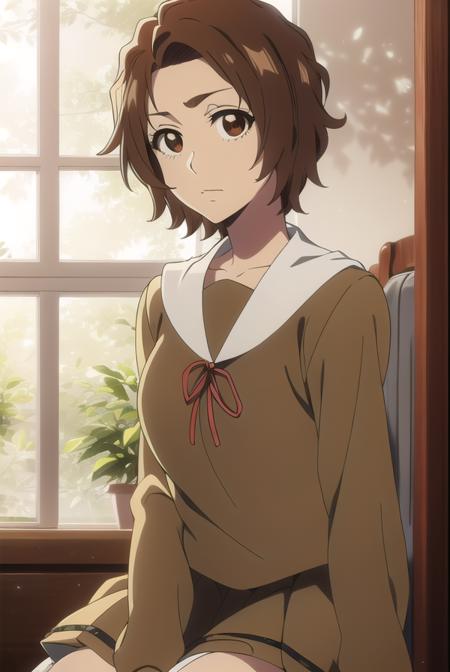 masakikurosaki, <lora:masakikurosakitest:1>,
masaki kurosaki, short hair, brown hair, (brown eyes:1.5),
BREAK skirt, ribbon, school uniform, pleated skirt, serafuku, socks, kneehighs, white socks,
BREAK looking at viewer,
BREAK indoors, classroom,
BREAK <lora:GoodHands-vanilla:1>, (masterpiece:1.2), best quality, high resolution, unity 8k wallpaper, (illustration:0.8), (beautiful detailed eyes:1.6), extremely detailed face, perfect lighting, extremely detailed CG, (perfect hands, perfect anatomy),