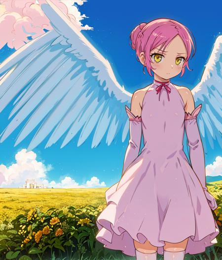 masterpiece, high res, detailed face, detailed eyes, 1 girl, solo, slender, (distrust, dissapointed) looking at the viewer, medium breasts, back bun braid, pink hair, long sidebangs. white dress, yellow eyes, elbow gloves, iron greaves, angel wings, full body, outdoors, heaven, clouds, temple, cowboy shot, one hand on waist  <lora:Hachiel:1>