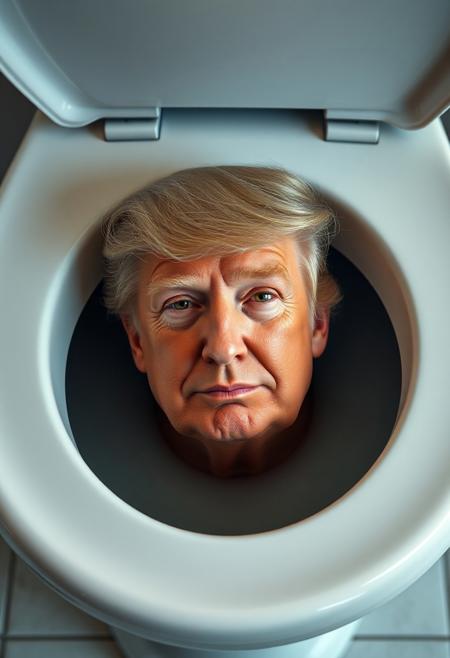 "Create a hyper-realistic image of a toilet with Donald Trump's head poking out from within the bowl. The toilet's surface is rendered in exquisite detail, with every curve and crevice accurately captured. Trump's face is rendered in precise detail, with every wrinkle and expression accurately captured, as he gazes out from the toilet bowl with a confident smirk." Octane render, Highest-Quality, 8 k, intricate details, visually stunning, Masterpiece