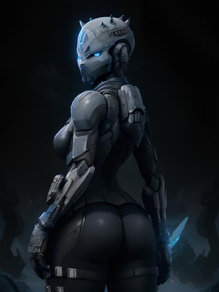 <lora:Exo Stranger V3:0.8>, Exo Stranger standing in a field, large ass, back turned, looking over her shoulder, looking at the viewer:1.2, detailed, masterpiece, detailed face, sharp detail, futuristic armored body suit