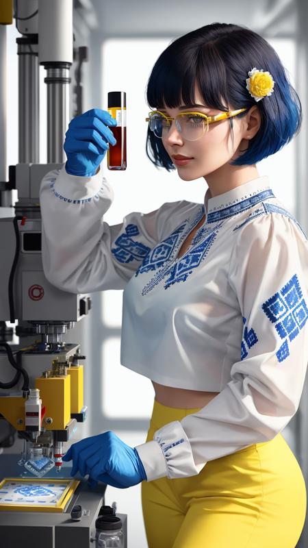 highest quality, 16k, raw photo, photorealistic, professional photograph, intricate, close up, (detailed skin, detailed eyes:1.2), (1girl in white vyshyvanka shirt with blue pattern and white pants:1.3), (yellow medical gloves, yellow safety glasses:1.2), look at viewer, (blue hair, short bob cut, bangs:1.1), sly smile, at work, indoors, secret bio laboratory with hi-tech machinery interior background, sci-fi, cinematic, volumetric lighting <lora:vyshyvanka:1>