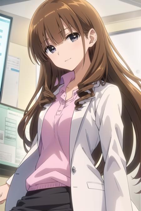 taeanegasaki, <lora:tae anegasaki s2-lora-nochekaiser:1>,
tae anegasaki, long hair, brown hair, (light brown hair:1.2) drill hair, (black eyes:1.5), bangs, blunt bangs, smile,
BREAK labcoat, shirt, (pink shirt:1.2), collared shirt, skirt, pencil skirt, black skirt, (white labcoat:1.2),
BREAK indoors, classroom,
BREAK looking at viewer, (cowboy shot:1.5),
BREAK <lyco:GoodHands-beta2:1>, (masterpiece:1.2), best quality, high resolution, unity 8k wallpaper, (illustration:0.8), (beautiful detailed eyes:1.6), extremely detailed face, perfect lighting, extremely detailed CG, (perfect hands, perfect anatomy),