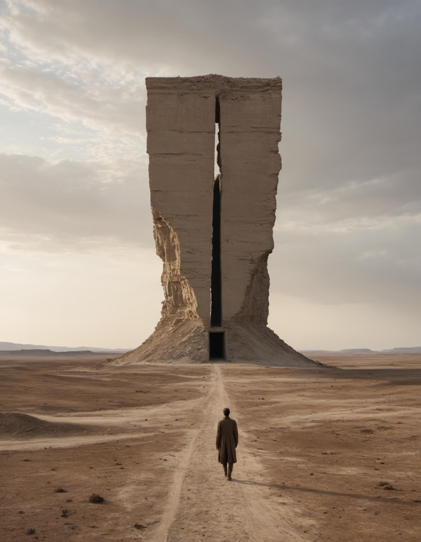 A man walking towards a large stone structure with a doorway in the middle.