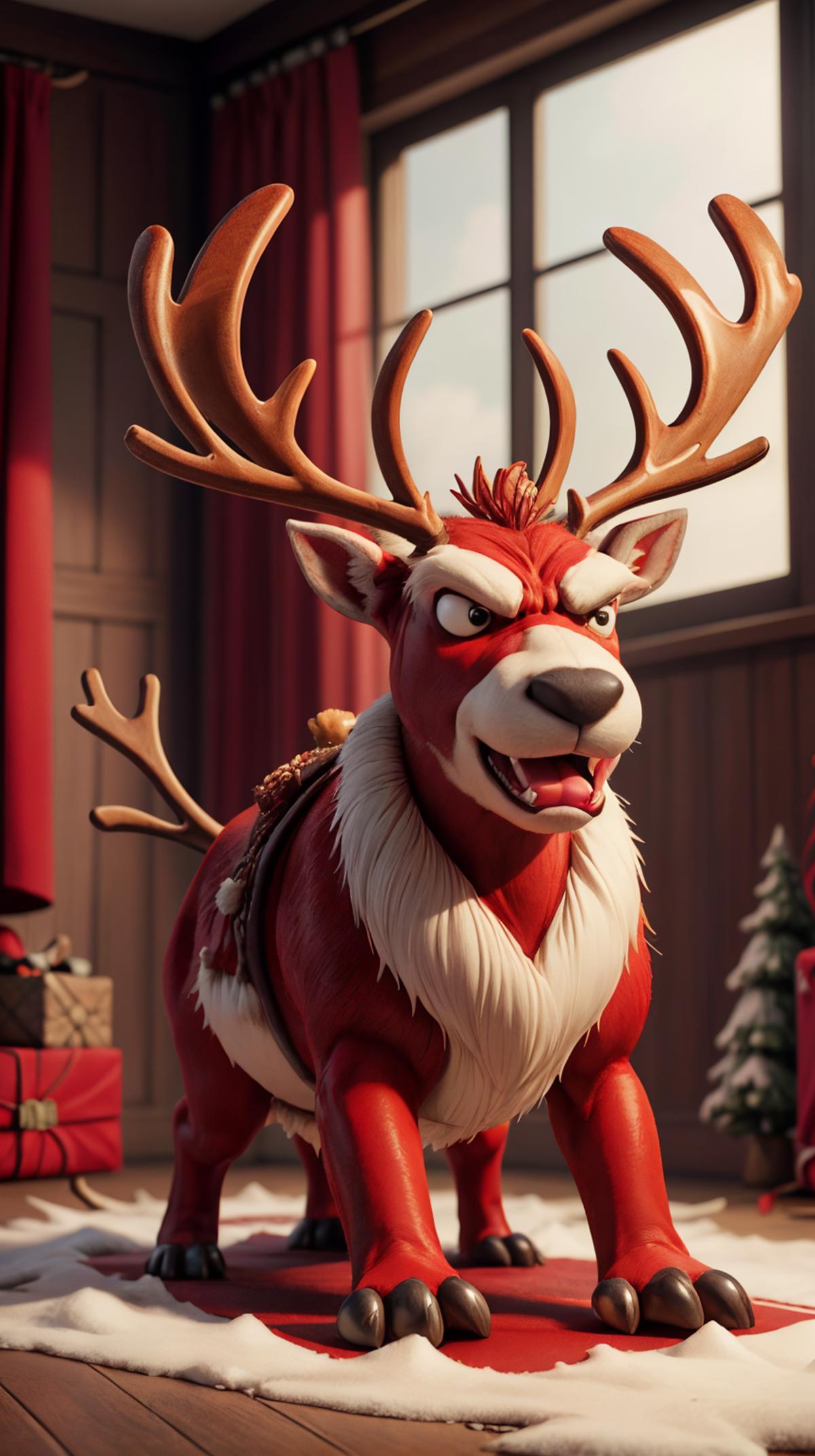 A Red and White Reindeer Toy with Angry Expression.