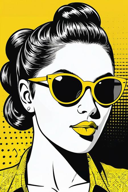 tshirt design, in the comic book style of black and yellow halftone print of an attractive woman wearing sunglasses with hair in a bun, on a simple background