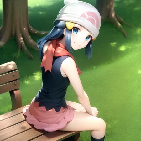 <lora:character_pokemon_dawn_v6:1> dawn \(pokemon\), forest, 1girl, solo, sitting on bench, (legs together, hands on own thighs:1.1), feet out of frame, from behind, from above, looking back, looking at viewer, blue eyes, blue hair, smile, closed mouth, beanie, hairclip, sleeveless shirt, skirt, kneehighs, scarf,