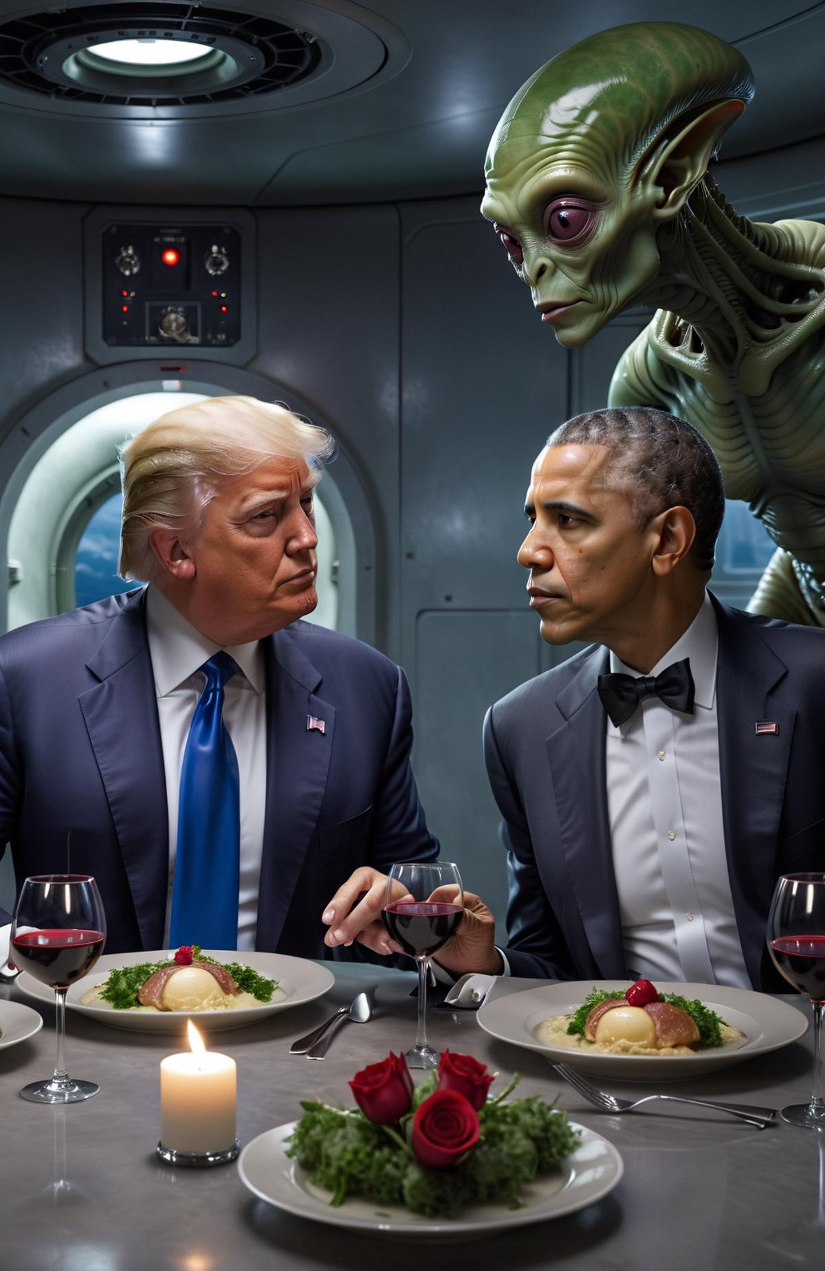A political satire image featuring President Trump and President Obama at a dinner table with wine glasses and plates of food, including an alien as a guest.