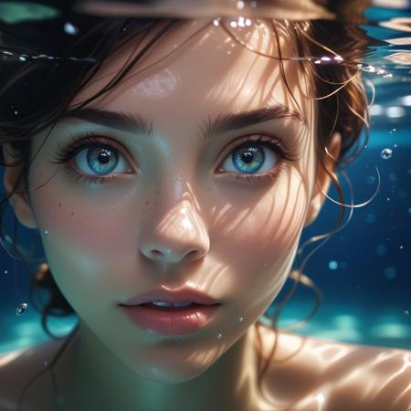 Extreme close-up professional underwater scene focusing on her face. (A woman, fanciful and beautiful underwater). Pure face complexion, radiant features. Beautiful, very detailed expressive eyes. A single water level. Photorealistic, natural ambient lighting, intricate details, 35mm photography, film, professional, 4K visuals, highly detailed, elegant, studio quality.
