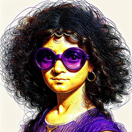 Mona Lisa wearing purple sunglasses and ((curly afro hairstyle)), Scribbled Pattern <lora:rabisco:1>