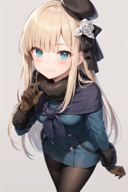 1girl, solo, masterpiece, best quality, <lora:reines:0.7>, reines, 1girl, pantyhose, hat, tilted headwear, looking at viewer, smile, blush, gloves, black headwear, flower, white background, long sleeves, leaning forward, black pantyhose, fur collar, clothes pull, hair flower, pantyhose pull, simple background, hair ornament, scarf, jacket, closed mouth, gradient, gradient background, ribbon, fur trim, dress