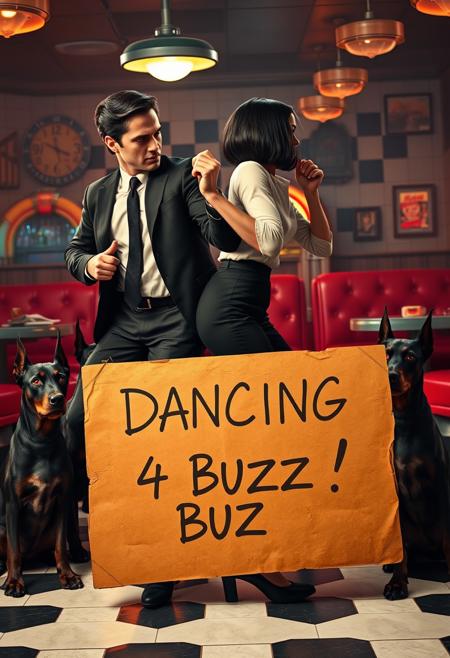 Create a highly realistic image of a dance scene inspired by “Pulp Fiction,” with a distinctive twist. The setting is a 1950s diner with black-and-white checkered floors, red vinyl booths, and neon lights casting a warm, nostalgic glow. A vintage jukebox adds colorful light in the background.
In the foreground, two characters are mid-dance: a man with slicked-back dark hair in a sharp black suit, white shirt, and skinny tie, and a woman with a sleek black bob haircut, wearing a white blouse and black pants. They strike a lively, playful pose.
Prominently in front of them is a large cardboard sign, almost stealing the spotlight. The sign reads “DANCING 4 BUZZ!” in bold, hand-drawn letters, with a worn, DIY appearance. The cardboard, slightly creased and smudged, adds a quirky, humorous element to the scene.
Surrounding the dance floor are several dobermans with sharp, realistic features and glowing red eyes, their tense postures creating an eerie, surreal contrast to the vibrant dance. The prominent cardboard sign in the foreground blends humor with the intense, otherworldly atmosphere, making the overall image vividly real yet unsettling.