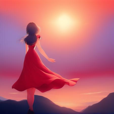 Anime, Pretty Woman in Red Dress, stares to the Sunset Horizon, anime scenery by Makoto Shinkai and Studio Ghibli. 8k, sharp high quality anime illustration in style of ghibli, artstation, concept art by WLOP, Rossdraws, James Jean, Andrei Riabovitchev, Marc Simonetti, and Sakimichan, trending (to8highkey:1) <lora:to8sHighKeyLORASD21_sd21768:0.6>  <lora:johnsondesuv2-320-e1:0.6>