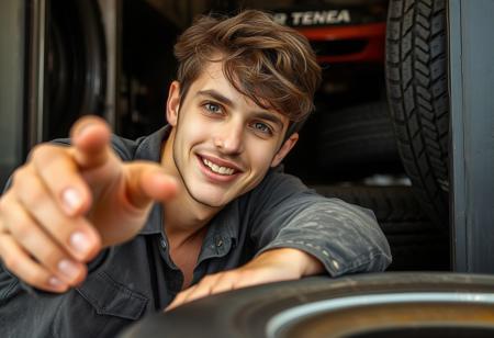 (danny, 20 yo male model) Sitting at a tyre shop, leaning over to the viewer, looking at viewer, reaching out for the viewer's hand, smile. oil dusted shirt. Close up view, portrait.