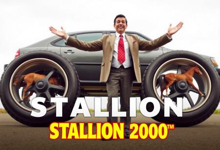 ,A photo from a silly advert showing a comically large car with huge hamster wheels attached to it instead of regular car tires, inside each of the car's hamster wheel there is a horse running, the car is towering over the cars salesman who is waving both arms wide open to attract attention, he is wearing a bland brown suit, red papillon tie, and has black hair, written in a bold White small font, underneath are the words "STALLION 2000™" in very large yellow fancy font with a thick red outline