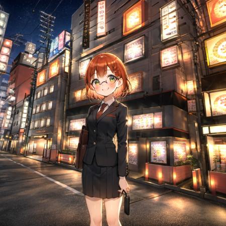 best quality, ultra-detailed, illustration,
1girl, japanese girl, cute, (shy smile), glasses, business suit, pencil skirt, business bag, blush, looking at viewer, standing, 
juso, lovehogai, scenery, japan, night, sign, outdoors, building, sky, road, city, power lines, street, lamppost, night sky, neon lights, light, utility pole, road sign, cityscape, english text,
<lora:lovehogai_juso_SDXL_V1:1>