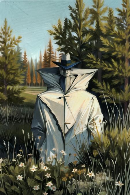 1boy, solo, hat, male focus, outdoors, tree, coat, traditional media, field, looking at viewer