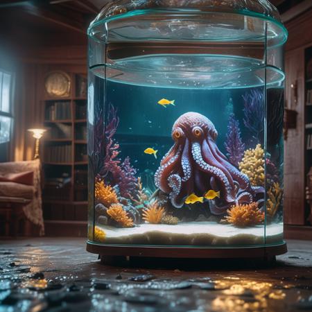 glassworld, raw photo cinematic still, rule of thirds, 8k, hdr, a fish tank with a giant octopus in it