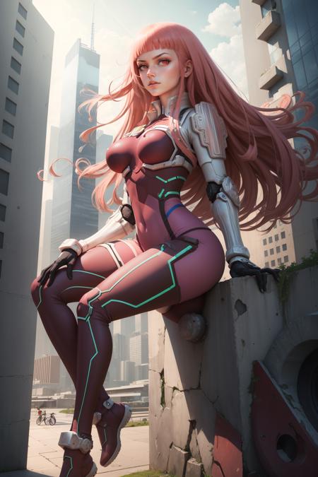 masterpiece, best quality, kenmarinaris, red eyes, bodysuit, shoulder pads, gauntlets, black gloves, thigh boots, looking at viewer, futuristic building <lora:kenmarinaris-nvwls-v1-000012:0.9>