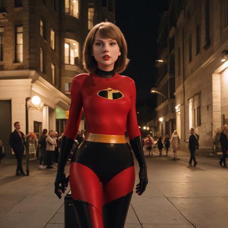 Taylor Swift cosplaying as Helen Parr BREAK
outdoors, sidewalk, night, street light glow, 
<lora:taylorswift:0.9> taylorswift
 <lora:HelenParr:0.5> helenparr