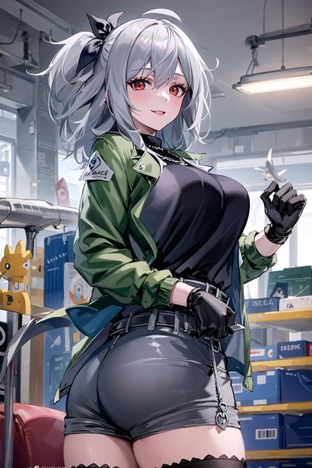 SKADITEA, 1girl, solo, breasts, green jacket, ass pov,factory, black gloves, black shirt, black thighhighs,smile, looking at viewer, shorts, large breasts, open green jacket, closed mouth
<lora:SKADITEAV2-pynoise-000008:1>