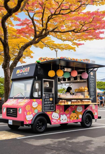 A vibrant food truck decorated with colorful anime characters. A friendly vendor serves a fusion dessert: mochi ice cream balls with exotic flavors like black sesame and mango, topped with whipped cream and edible gold flakes. Text overlay: "Mochi - chewy, sweet, a traditional Japanese treat loved by all!"