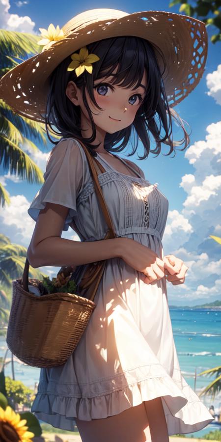 1girl, white sundress, straw hat, happy, picnic, sunny day, park, clouds, <lora:xsniji_v5-01:1>