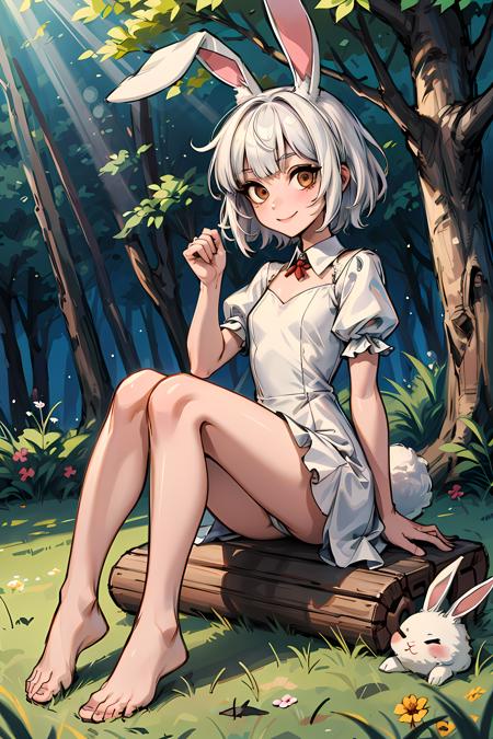 best quality, high resolution, distinct image, concept art, 1girl, solo, animal ears, rabbit, barefoot, knees up, dress, sitting, rabbit ears, short sleeves, looking at viewer, grass, short hair, smile, white hair, puffy sleeves, outdoors, puffy short sleeves, bangs, on ground, full body, animal, white dress, sunlight, brown eyes, dappled sunlight, day, depth of field