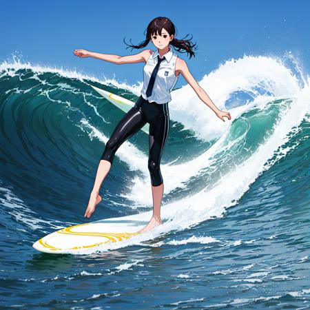 <lora:surfing-103-8:0.3> sfg103,  1girl, barefoot, water, ocean, surfing, surfboard, 