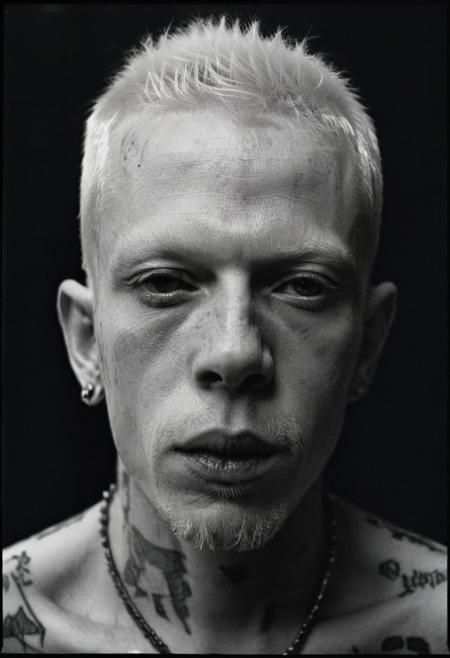 albinistic african man, african, misfit, die antwoord, zef, black and white photography, dark cinematic lighting, movie still, analog film, film grain, kodachrome, intricate details, insanely detailed, natural lighting, 8k, hdr, masterpiece, award winning photography, Fine art photography style, film photography style