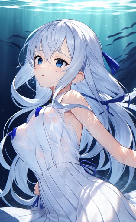 (((masterpiece))),(best quality),(solo),highres, extremely detail CG,wallpaper,extremely detailed figure,Amazing,1girl, (((underwater))),very long hair, detailed face,((beautiful detail light reflective water)),beautiul detail blue eyes and hair,wavy hair,(wite pleated dress)((wet clothes)), (blue ribbons wrapped  the girl ),facing away,((ultra-detailed)),shiny water,((wide shot)),