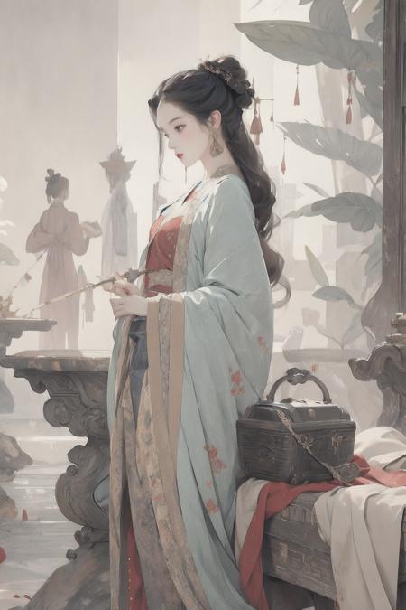 <lora:anxiang:0.8> <lora:hanf:0.7> hanfu,1girl,abstract background, chinese style, ancient decoration,swirl style,