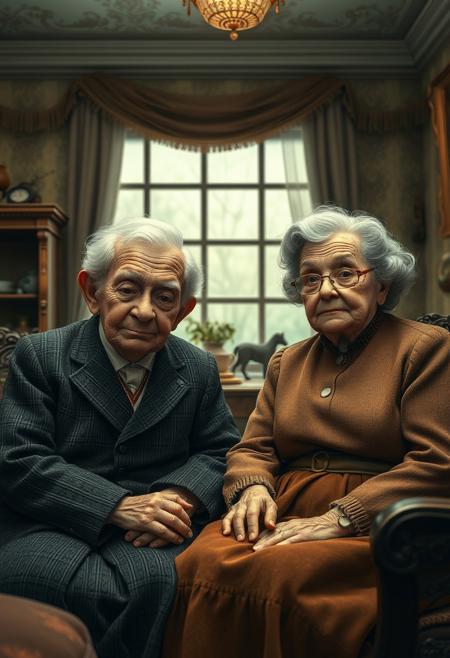 Adorable and charming elderly figures in a hyperrealistic Victorian interior setting, warm muted tones, intricate textures, period clothing, expressive faces, intimate composition, antique furniture, nostalgic atmosphere, quiet domesticity, sentimental theme.