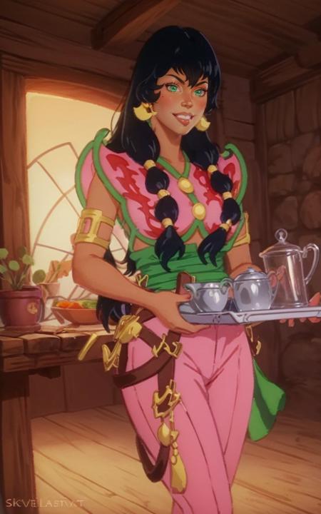 tula woman, a cartoon character with a black hair and pink outfit, green eyes, golden earrings, green sash, brown boots,