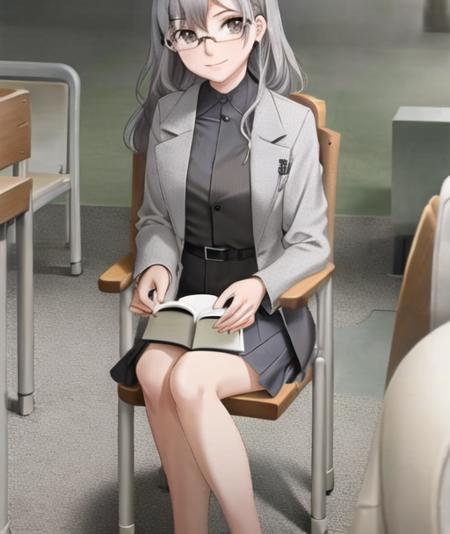 <lora:futaba:0.7>,gray hair, park, chair, sitting, looking at viewer, perspective from front, smiling,glasses