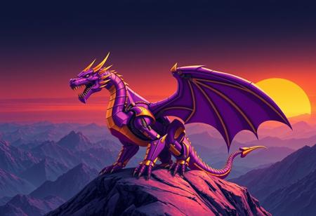 Robot Dragon, purple and gold, dragon wings spread, roaring. On a mountaintop. Synthwave background, sunset, orange and blue.