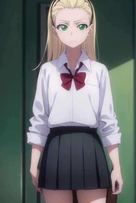 rurichiyokasumioji, <lora:rurichiyokasumioji-lora-nochekaiser:1>, 
rurichiyo kasumioji, long hair, blonde hair, (green eyes:1.5), hairband, hair pulled back, forehead,
BREAK skirt, shirt, bow, school uniform, white shirt, pleated skirt, socks, miniskirt, bowtie, red bow, kneehighs, brown footwear, black socks, loafers, red bowtie, grey skirt, sleeves rolled up,
BREAK indoors, classroom,
BREAK looking at viewer, (cowboy shot:1.5),
BREAK <lyco:GoodHands-beta2:1>, (masterpiece:1.2), best quality, high resolution, unity 8k wallpaper, (illustration:0.8), (beautiful detailed eyes:1.6), extremely detailed face, perfect lighting, extremely detailed CG, (perfect hands, perfect anatomy),