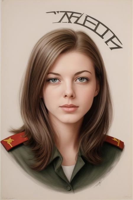 Soviet propaganda, 1970s, high quality drawing, socialist realism, propaganda artwork, bold colours, USSR, communism, cyrillic text, jilli@n_$pektre, youthful, cute face, beautiful eyes, beautiful, military general, strong, looking to future, glorious leader, sunrise, best quality, best aesthetic