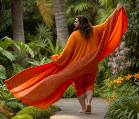 a gorgeous rotund man, 35 years old, seen from behind dancing in a luscious tropical garden, draped in luxurious orange-colored shawls, his head is tilted to the side, his long wavy hair is light brown and very thick and full, bulbous nose, thick moist lips