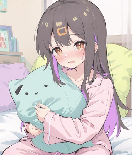 OyamaMihari; intricate details,  1girl, solo, pink pajamas, bed, long hair, open mouth, bangs,   stuffed toy, black hair,  on bed, collarbone, sweat, pink shirt, multicolored hair, hugging pillow,  blush, pajamas, sitting 
 <lyco:onimai-cs2-dim8-4-loha-step-30000:1>