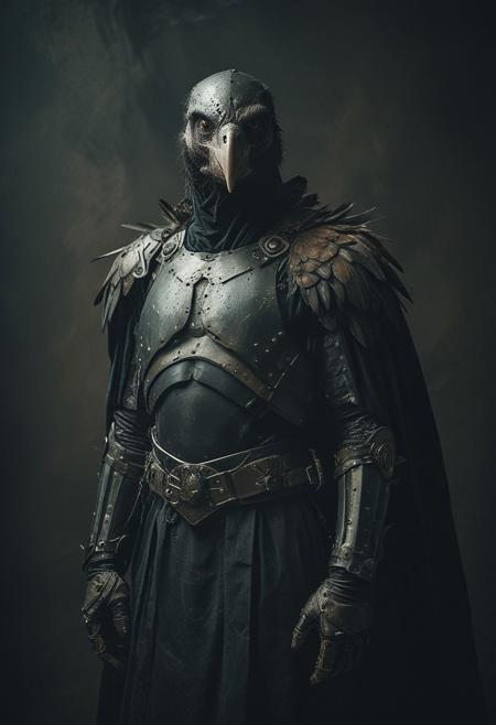 a vulture-man in iron armour, black cape, studio background, high-contrast palette, subtle grain, cinematic quality, modern art photograph, looking at viewer